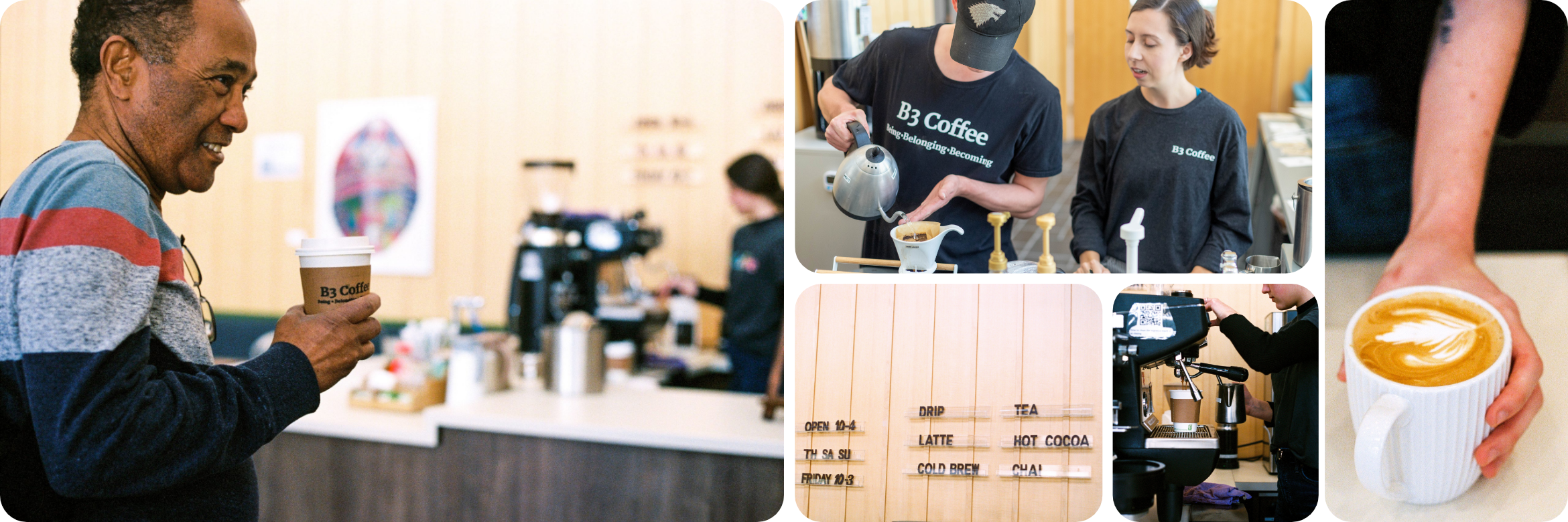 B3 Coffee photo collage showing a customer with a cup of coffee in his hand, a photo of the menu, a photo of two baristas making coffee, and another barista presenting a cup of coffee
