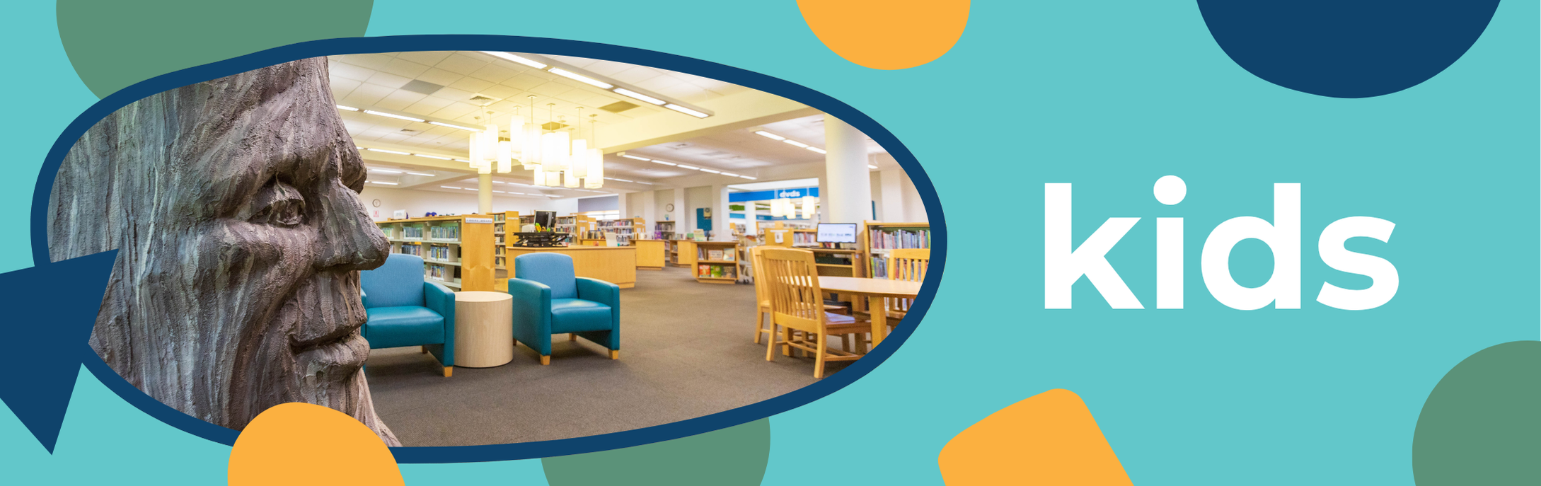 Kids graphic banner with colorful shapes and an image of the children's area of the library