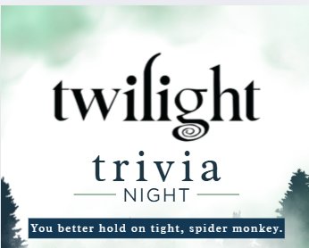 twilight trivia night text with clouds and trees in the background