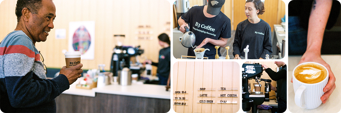 B3 Coffee photo collage showing a customer with a cup of coffee in his hand, a photo of the menu, a photo of two baristas making coffee, and another barista presenting a cup of coffee 