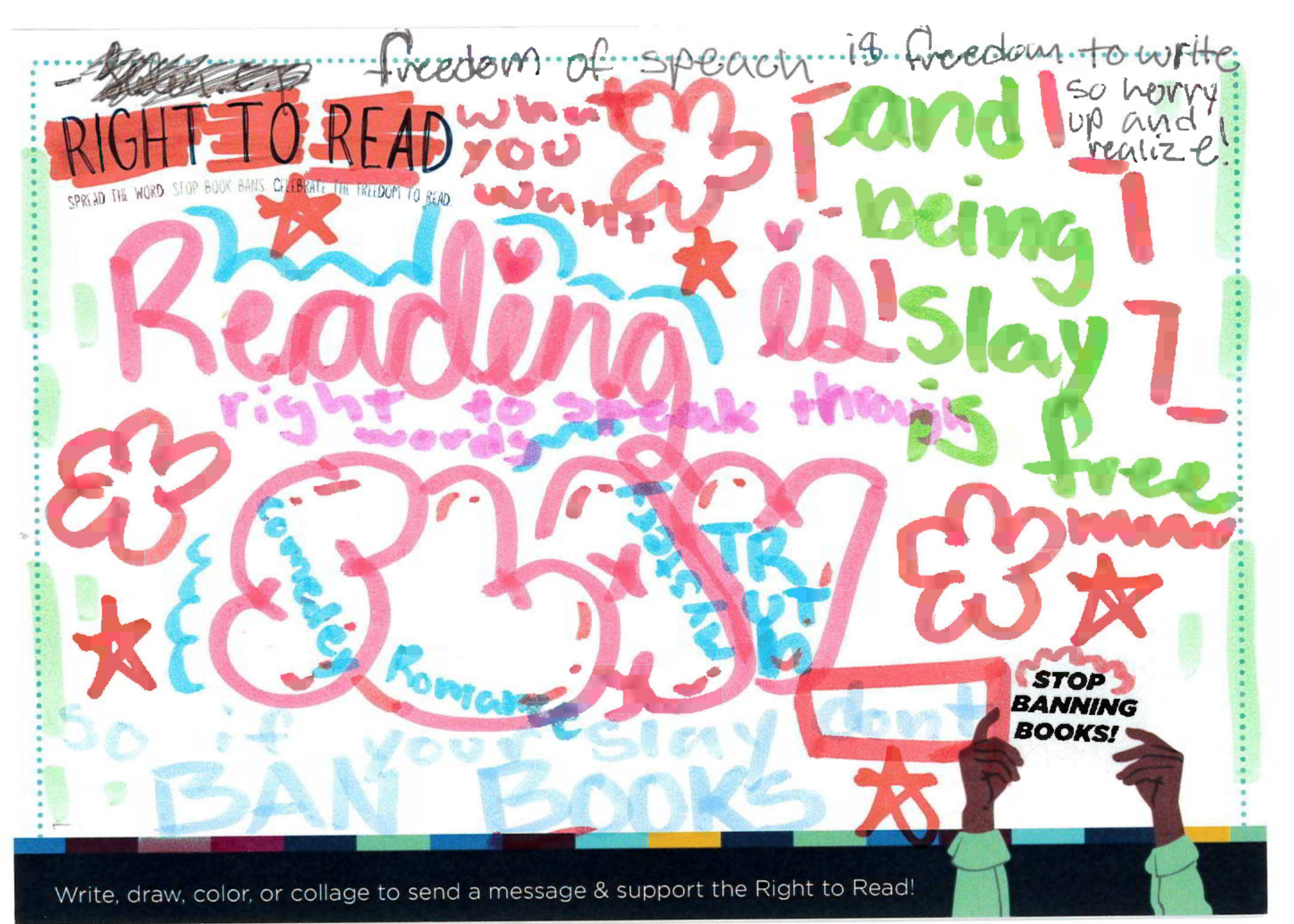 Right to read postcard "reading is slay"