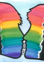 Art piece depicting two rainbow-filled silhouettes kissing