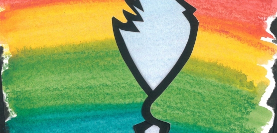 Art piece depicting two rainbow-filled silhouettes kissing
